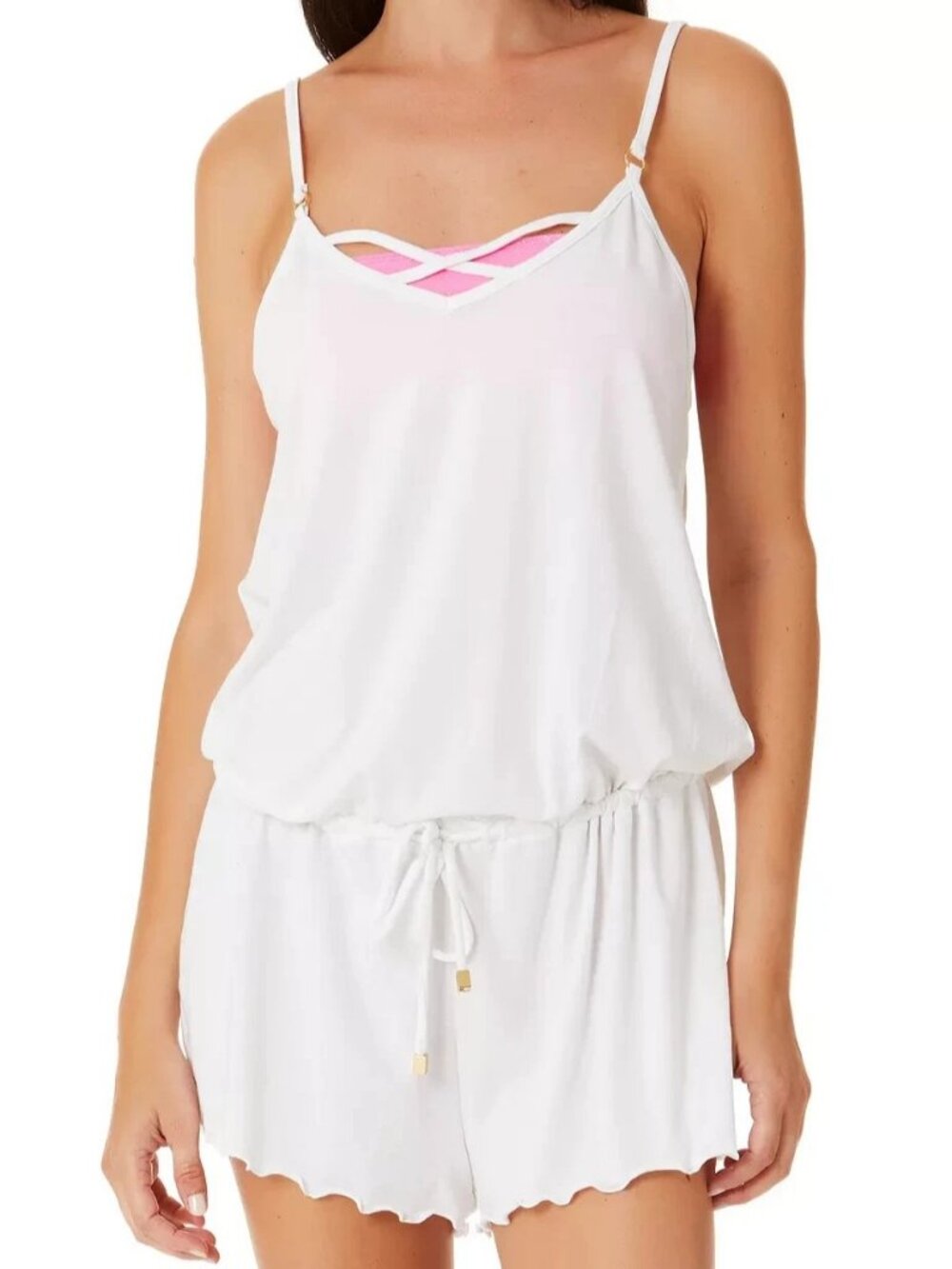 California Waves Junior's Tie-Waist Swim Cover-Up Romper, White, Medium
